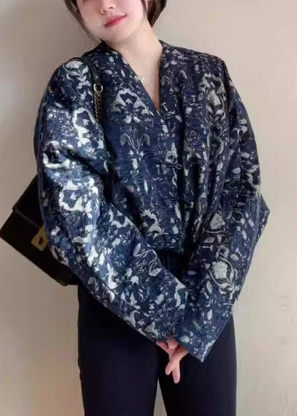 Blue V Neck Button Print Cotton Short Coats Fall