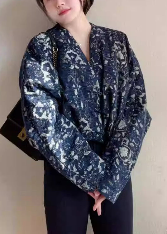 Blue V Neck Button Print Cotton Short Coats Fall