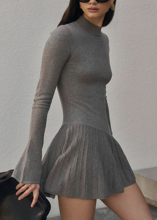 Grey Wrinkled Patchwork Knit Sweater Dress Winter