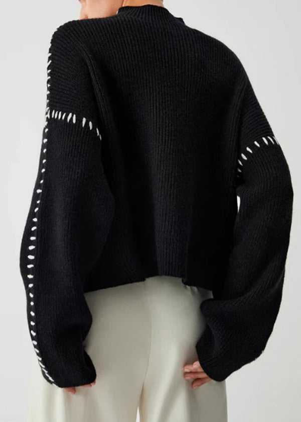 European and American Style Black O Neck Patchwork Knit Sweater Tops Spring
