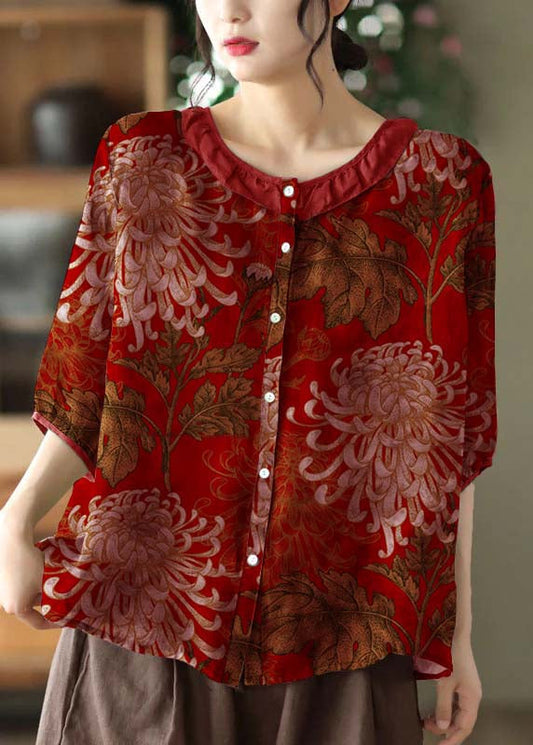 Simple Red O Neck Patchwork Print Linen Shirt Tops Half Sleeve