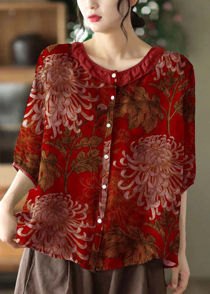 Simple Reddish Black O Neck Patchwork Print Linen Shirt Tops Half Sleeve