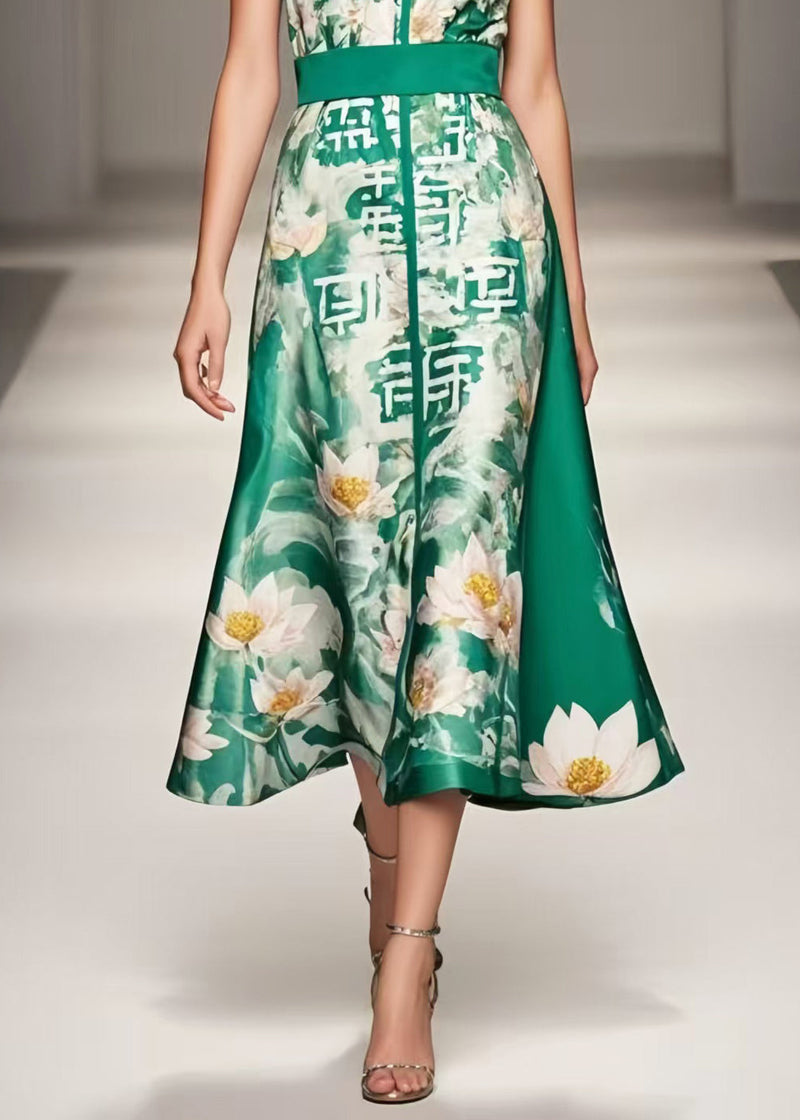 Green Cinched Print Silk Halter Dresses Summer