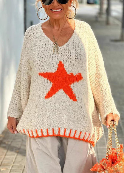 Beige V Neck Hollow Out Knit Sweaters Spring
