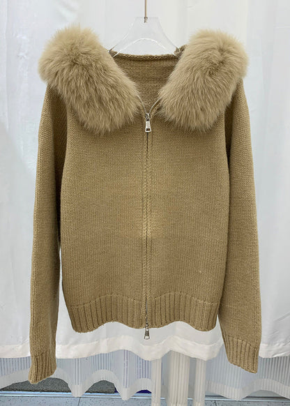 Stylish Pink Fox Collar Zippered Patchwork Knit Coat Winter