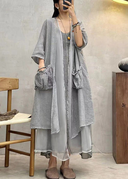 Grey Pockets Patchwork Cotton Long Cardigan Summer