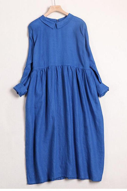 Linen Color Doll Collar Long Sleeves Dress