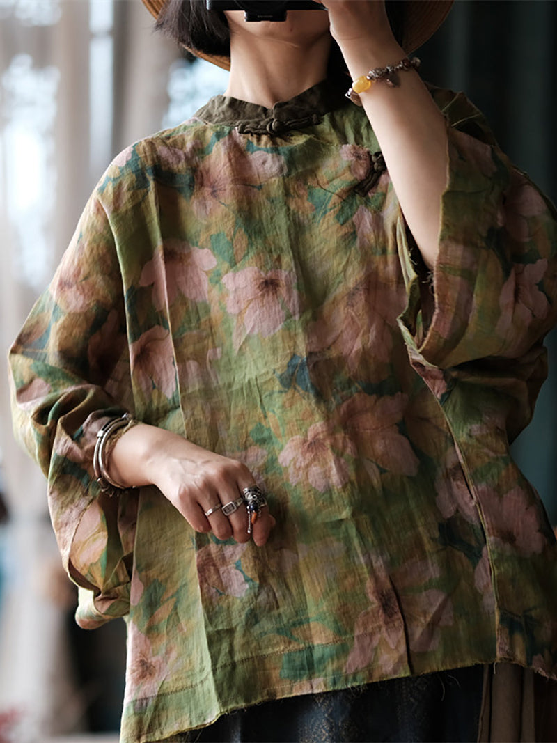 Autumn Flower Stand Collar Ramie Blouse