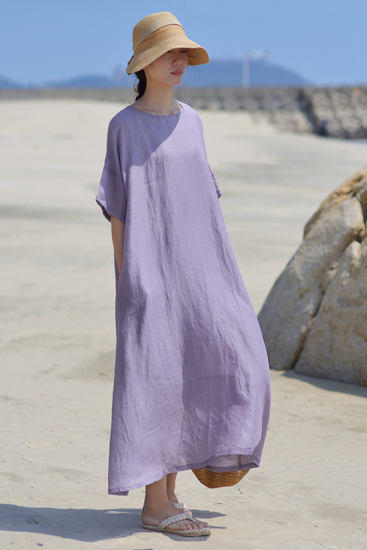 Summer Simple Short Sleeve Dress Loose Ramie Robe