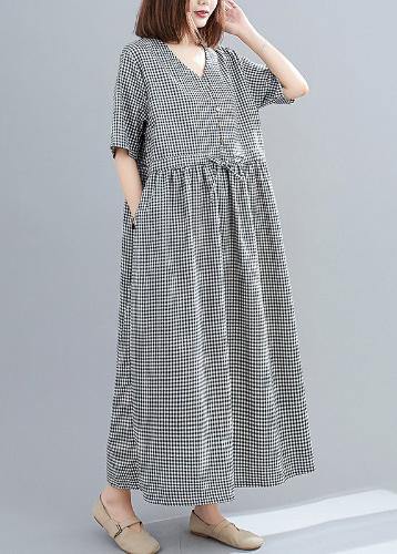 Simple Black Plaid Linen Cotton Dresses V Neck Drawstring Loose Dresses