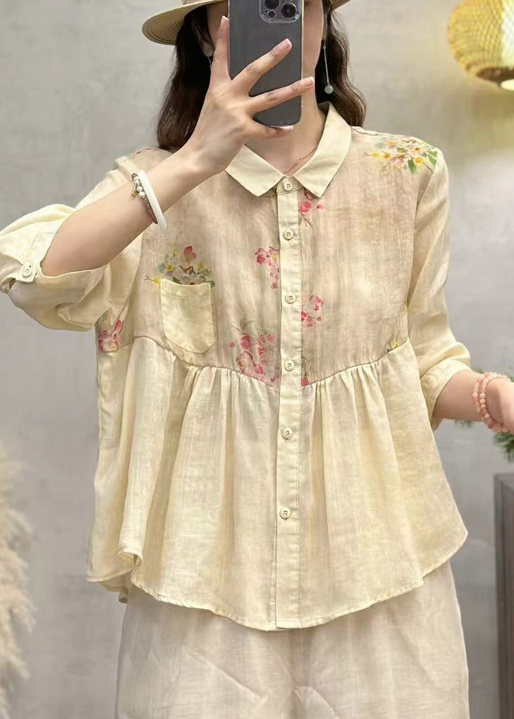 Pink Print Patchwork Linen Shirt Top Half Sleeve