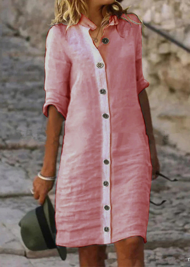 White Stand Collar Button Cotton Shirts Dresses Half Sleeve