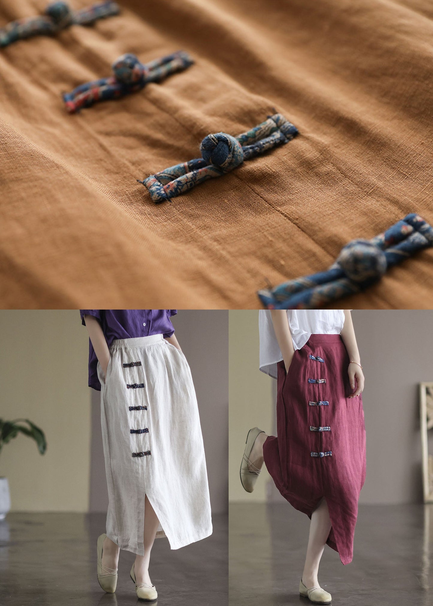 White Pockets Linen a Line Skirts High Waist Oriental Button Summer