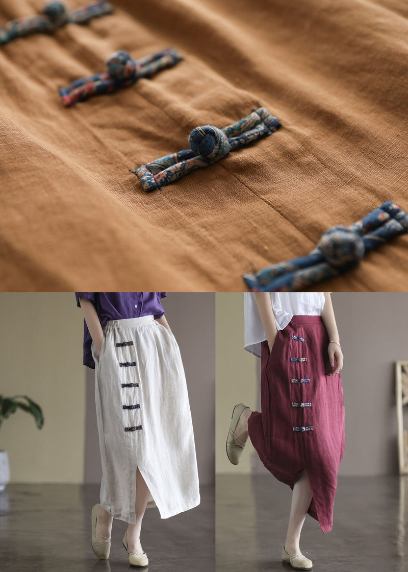 White Pockets Linen a Line Skirts High Waist Oriental Button Summer