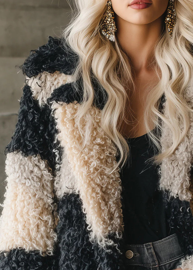 Colorblock Peter Pan Collar Faux Fur Coat Outwear Winter
