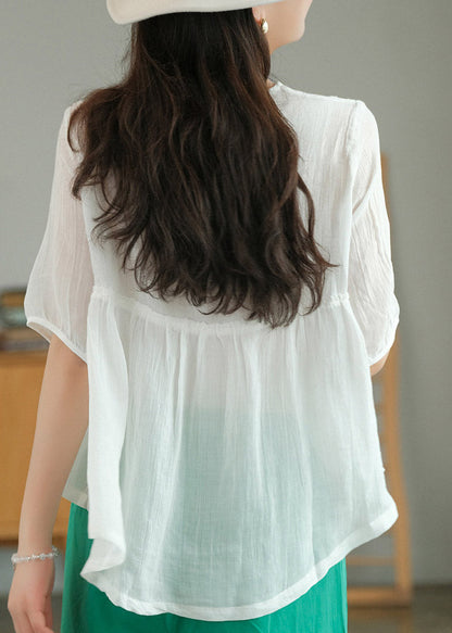 White V Neck Embroidered Patchwork Button Linen Shirt Half Sleeve