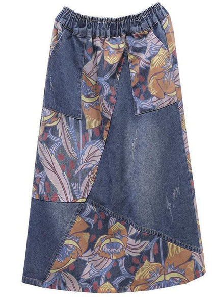 Blue Pockets Print Patchwork Elastic Waist Denim Skirt Spring