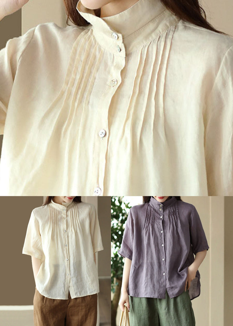Beige Patchwork Linen Shirt Tops Wrinkled Button Half Sleeve