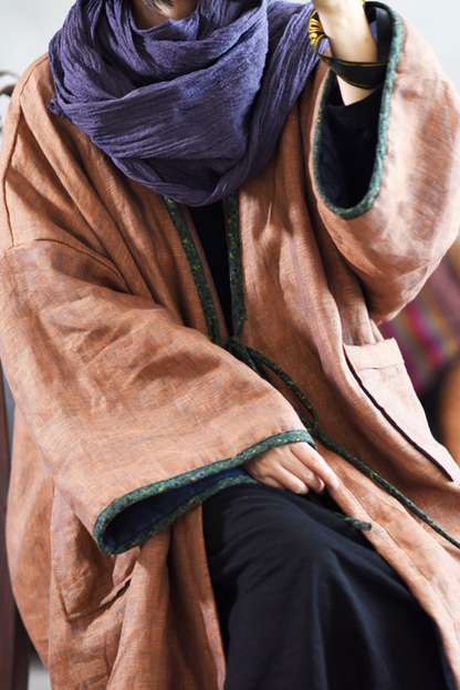 -retro Coffee Large Pocket Cardigan Cotton Linen Trench Coat
