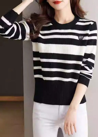 Khaki O Neck Striped Cozy Knit Sweater Winter