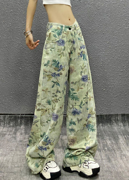 Stylish Green Print High Waist Denim Pants Summer