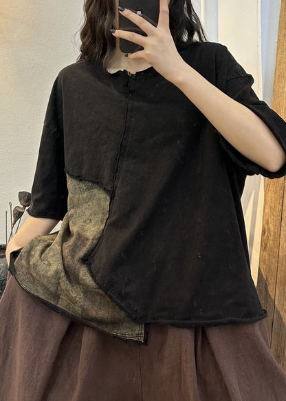Red Asymmetrical Patchwork Cotton T Shirt Tops Summer