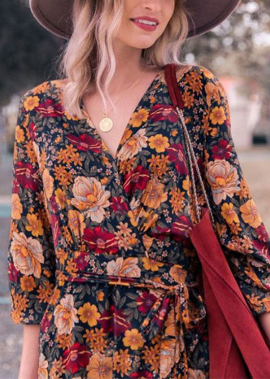 V Neck Print Tie Waist Cotton Long Dresses Spring