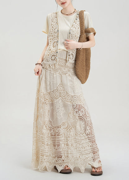 Apricot Hollow Hook Flower Vest T-shirt Skirt Set Summer