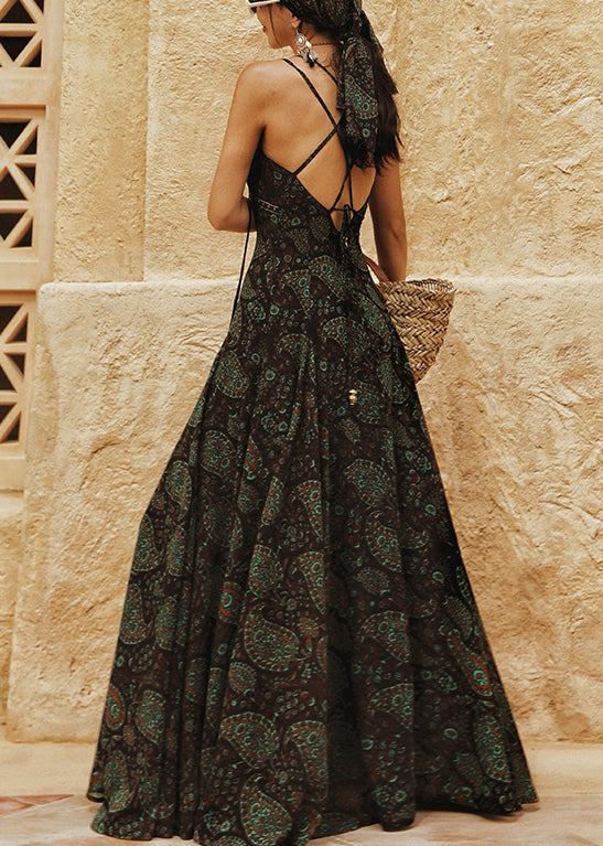 Green Backless Print Lace Up Chiffon Spaghetti Strap Dress Sleeveless