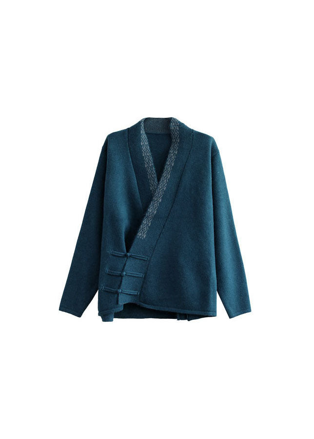 Blue Button V Neck Embroidered Woolen Coats Long Sleeve