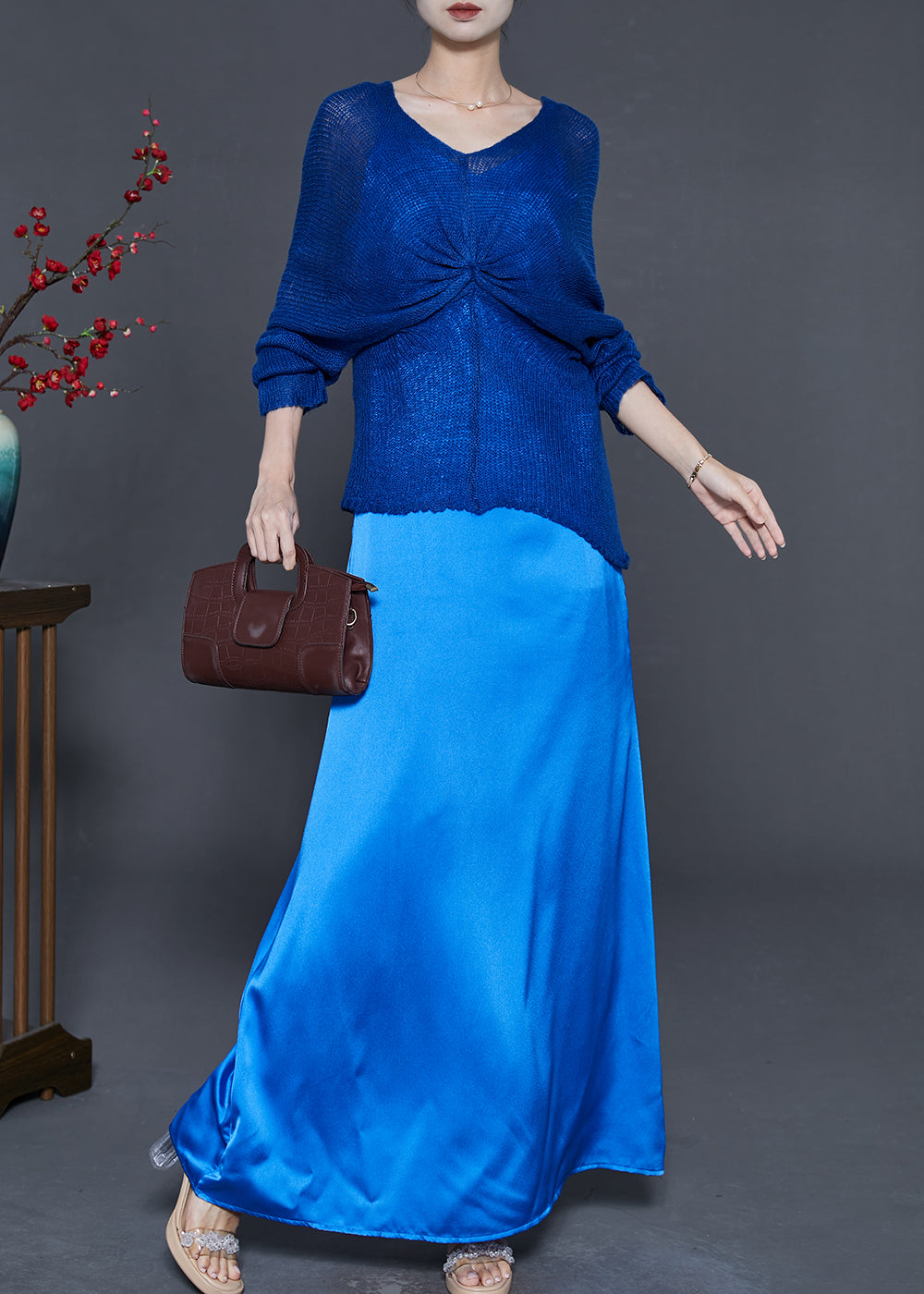 Blue Asymmetrical Design Knit Tops and Dresses Two Piece Suit Set Fall