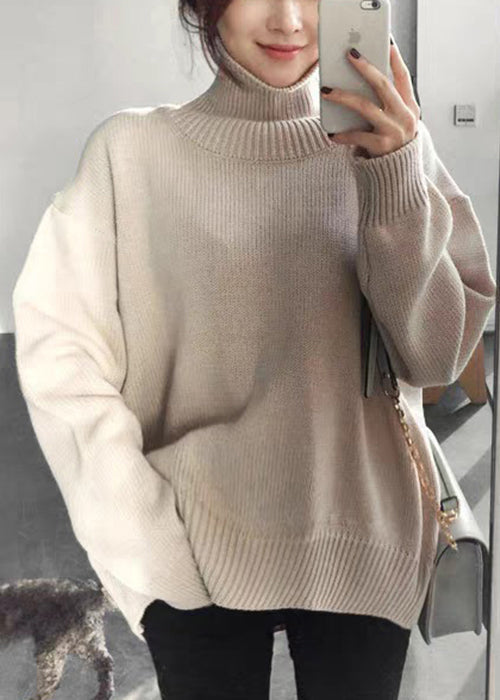 Simple Beige Turtleneck Knitted Cotton Sweaters Winter