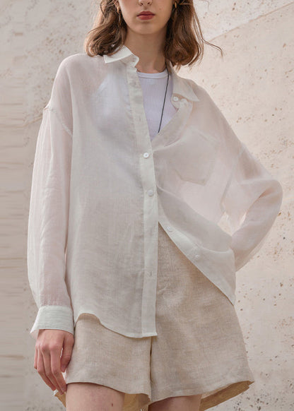 New White Peter Pan Collar Button Linen Shirt Top Summer