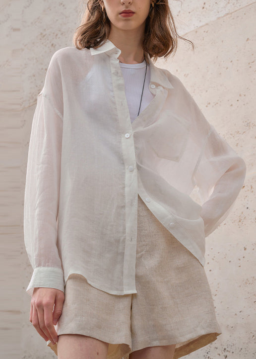 New White Peter Pan Collar Button Linen Shirt Top Summer