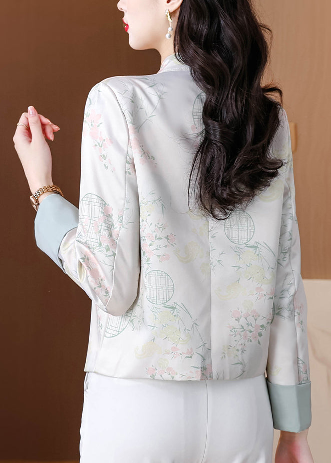 Blue Stand Collar Print Button Silk Coats Fall