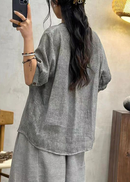 Grey Button Cotton Shirts Stand Collar Half Sleeve