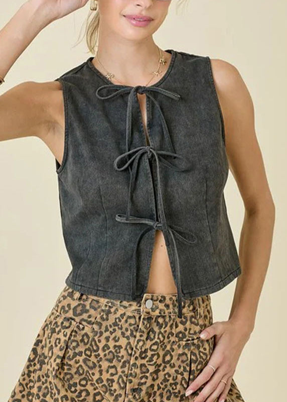 Blue O Neck Lace Up Denim Vest Top Sleeveless