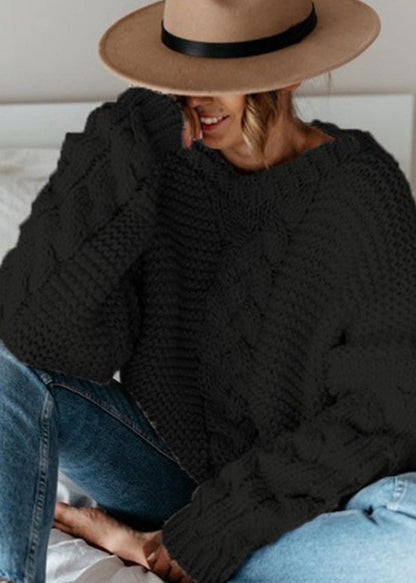 Beige V Neck Thick Cable Knit Sweaters Fall