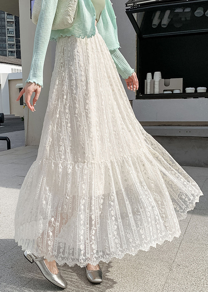 Loose Beige Elastic Waist Lace Skirts Fall