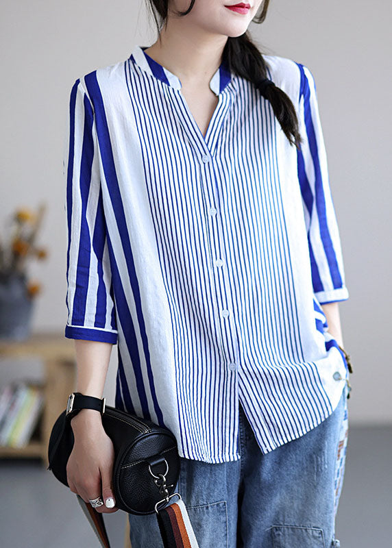 Blue V Neck Striped Cotton Blouses Bracelet Sleeve