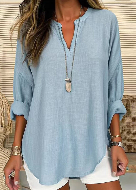 Blue V Neck Striped Cotton T Shirt Long Sleeve