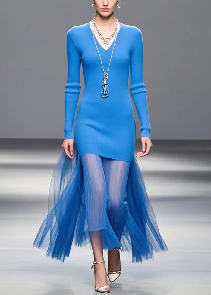 Blue V Neck Patchwork Tulle Knitted Dress Fall