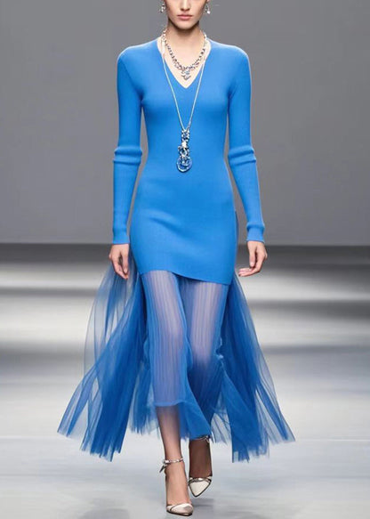 Blue V Neck Patchwork Tulle Knitted Dress Fall
