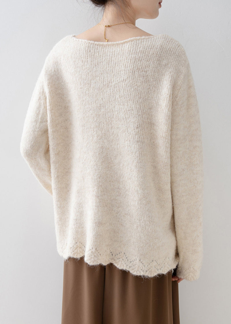 White V Neck Nail Bead Knit Pullover Spring