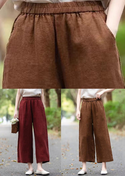 Wine Red Linen Summer Crop Pants Elastic Waist