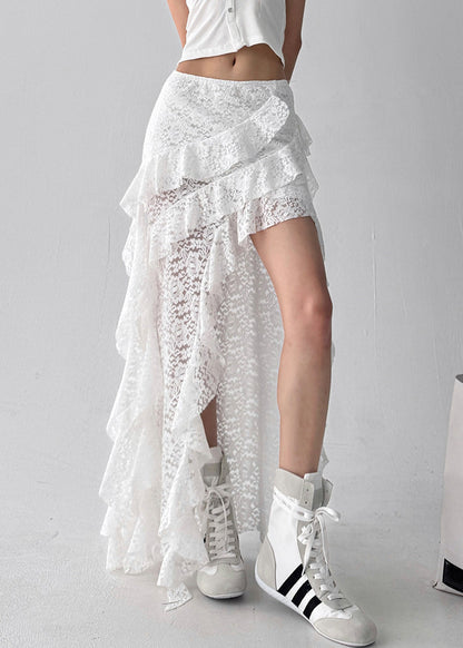 White Ruffled Lace Summer Skirt Asymmetrical