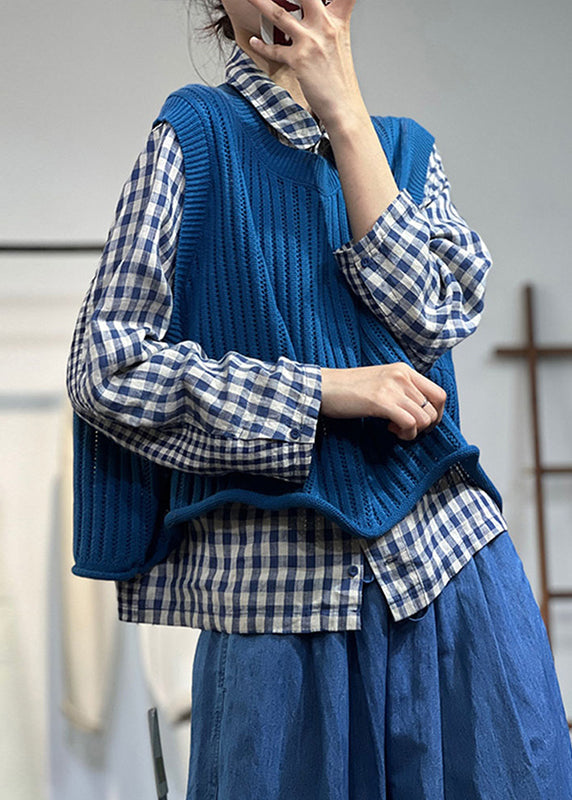 Blue O-neck Oversized Knit Vest Top Spring