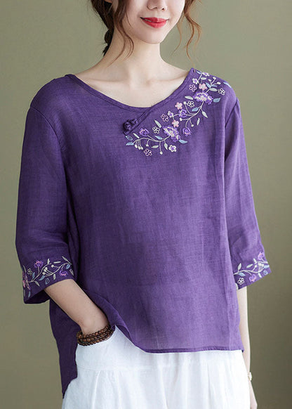 Diy Purple Embroideried Side Open Half Sleeve Top