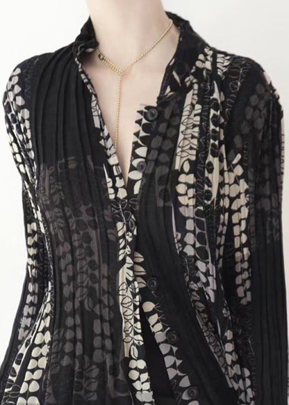 Black Wrinkled Patchwork Tulle Blouse Tops Fall