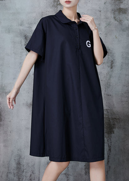 Simple Black Oversized Go Print Cotton Shirt Dress Fall